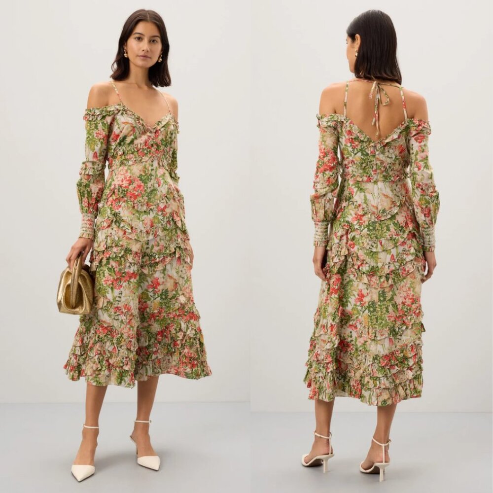Mac Duggal 8082 Womens Size 14 White Green Floral Print Ruffle Midi Dress